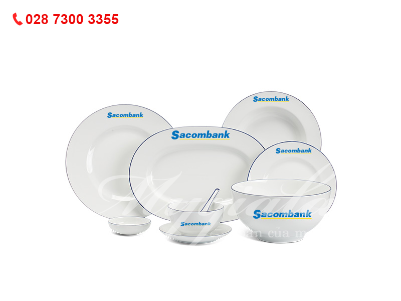 Bộ Đồ Ăn Âu Á Camellia Chỉ Xanh Dương In Logo Ngân Hàng Sacombank