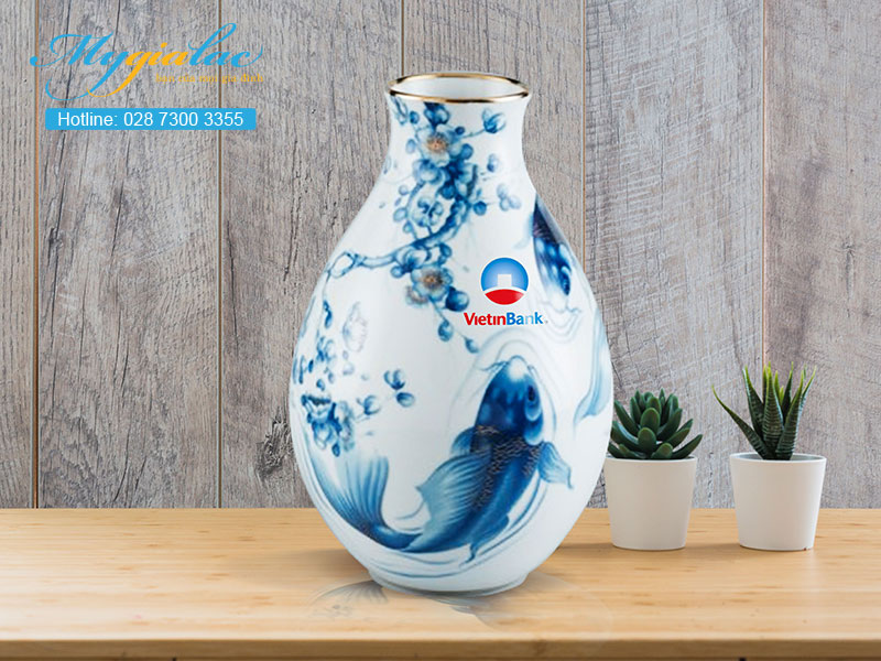 In Logo Bình Hoa Cá Ché Cobalt Minh Long