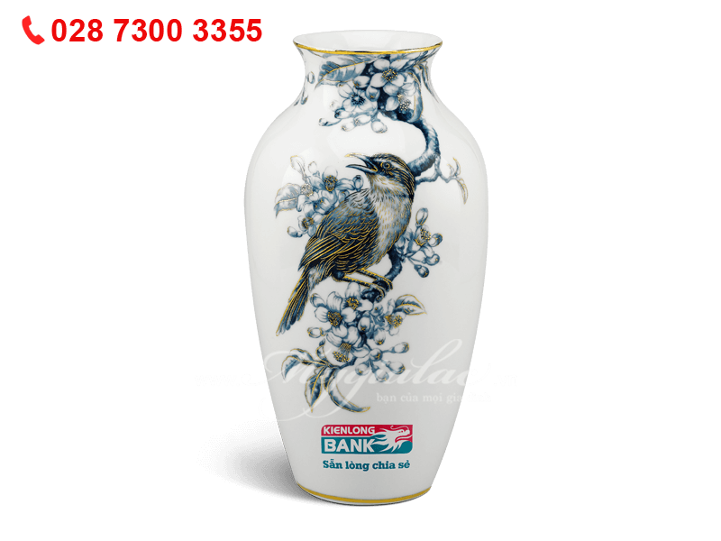 Bình hoa Họa Mi & Hoa Bưởi Cobalt Vàng 27cm In Logo Kienlong Bank