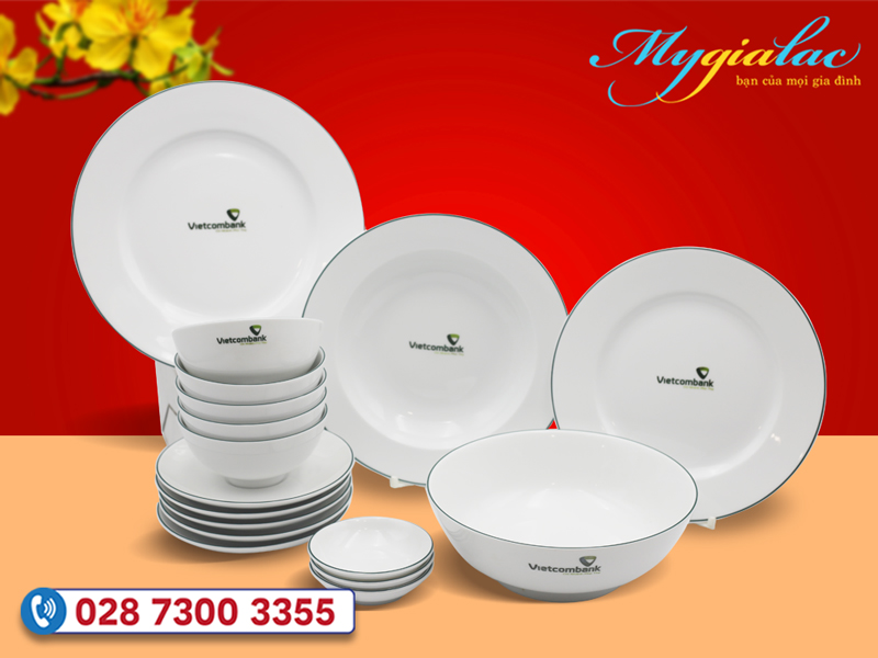 Bộ Đồ Ăn Minh Long Camellia Chỉ Xanh Dương In Logo Vietcombank