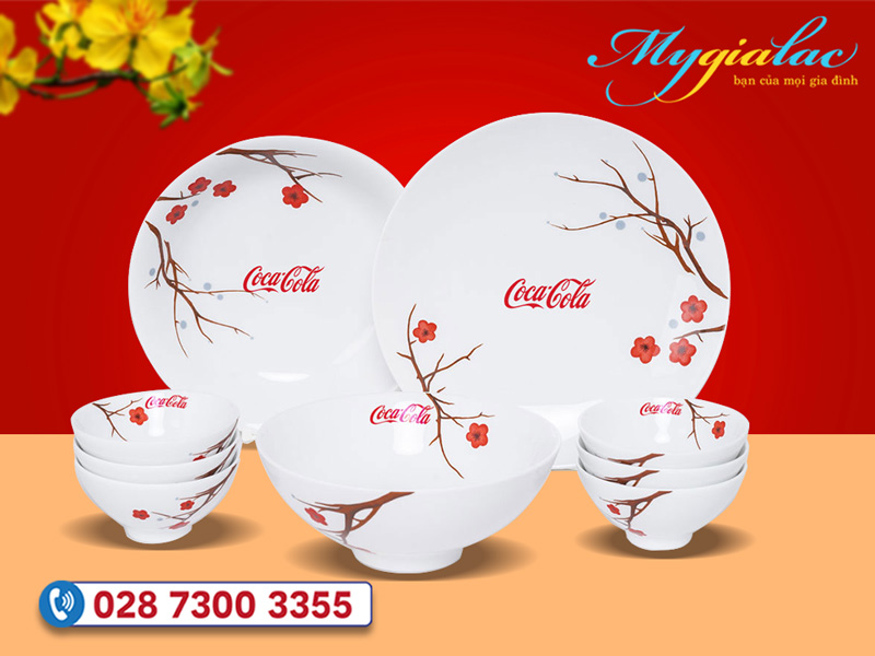 Bộ đồ ăn Minh Long daisy hồng mai in logo công ty Coca cola