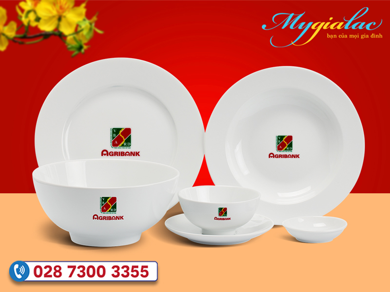 Bộ đồ ăn Minh Long Jasmine trắng in logo Ngân hàng Agribank